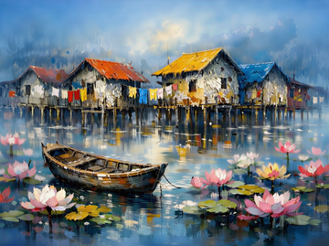 Canvas Wall Art Home Decor - Colourful Village In The River