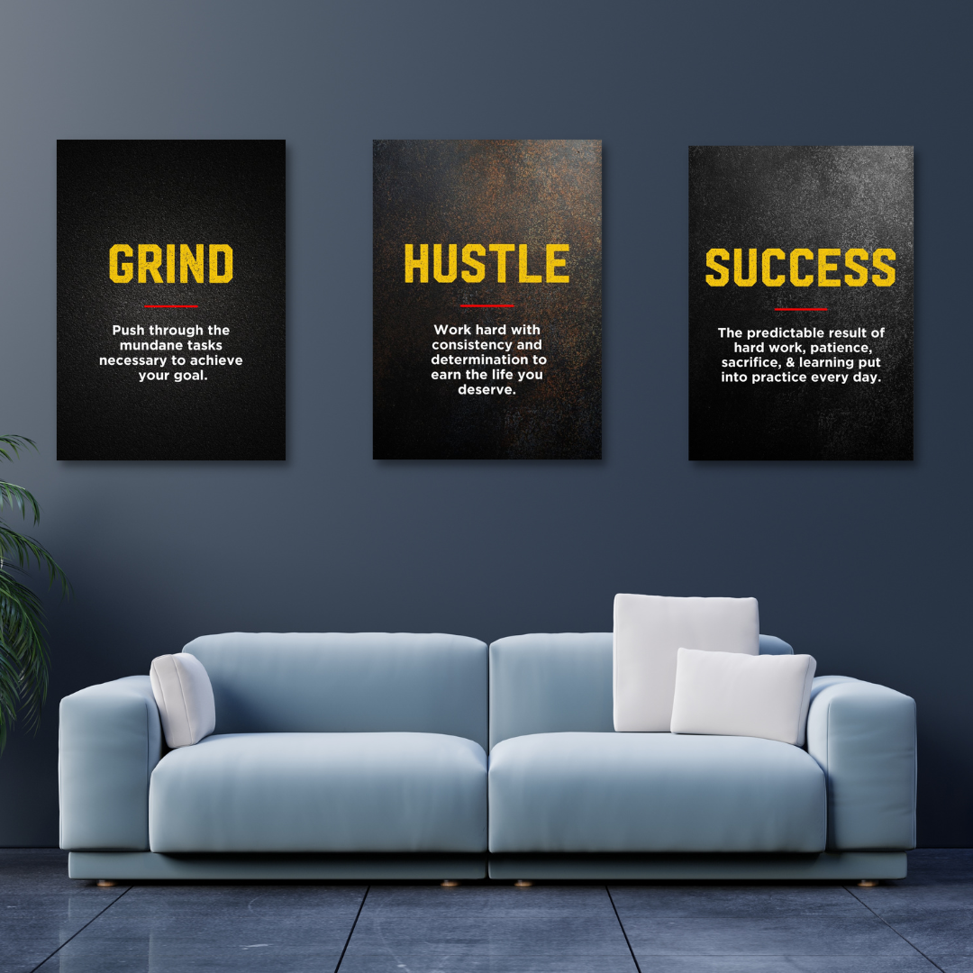 Motivational Canvas Wall Art - Grind Hustle Success (3-Piece)