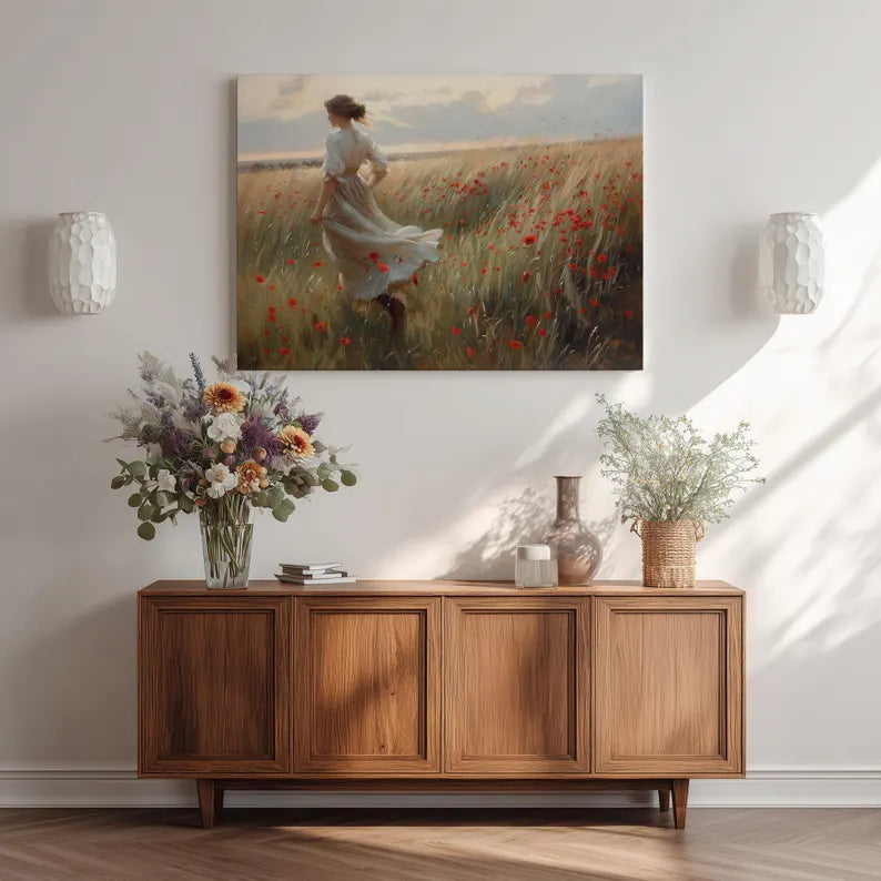 Windswept Woman In Poppy Fields Canvas Wall Art